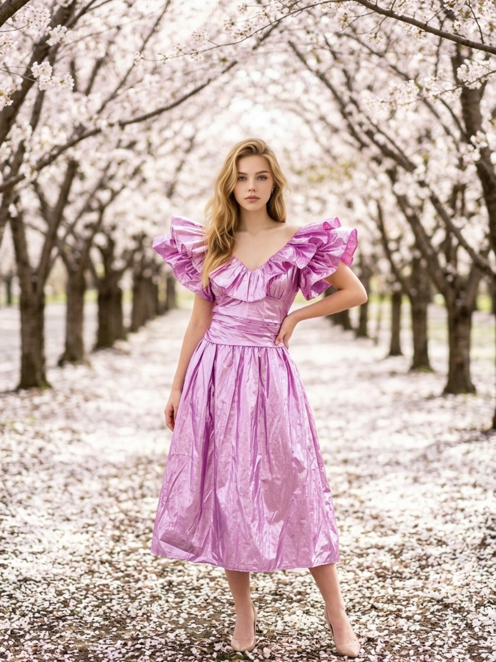 Shimmering Lavender Ruffle V-Neck Midi Dress